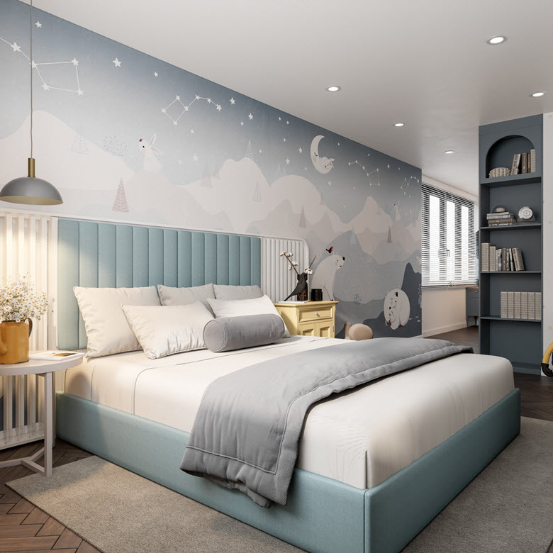 Tường đầu giường decor xinh y&ecirc;u với họa tiết ngộ nghĩnh, dễ thương h&agrave;i h&ograve;a c&ugrave;ng sắc xanh dương trẻ trung, nhẹ nh&agrave;ng.