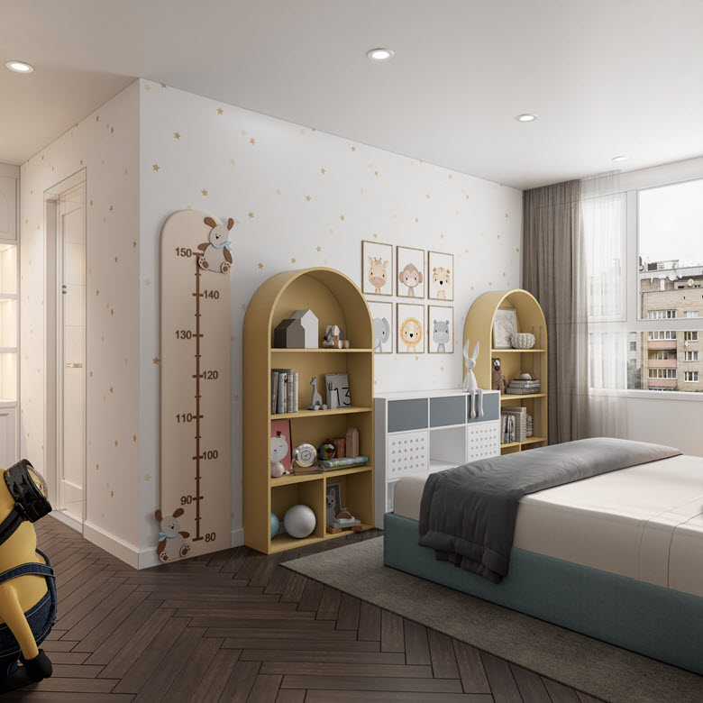 Kệ đối xứng với thiết kế cong vòm mềm mại, phủ màu vàng đặc trưng. Ngoài chức năng lưu trữ, chúng còn là điểm nhấn trang trí hút mắt.