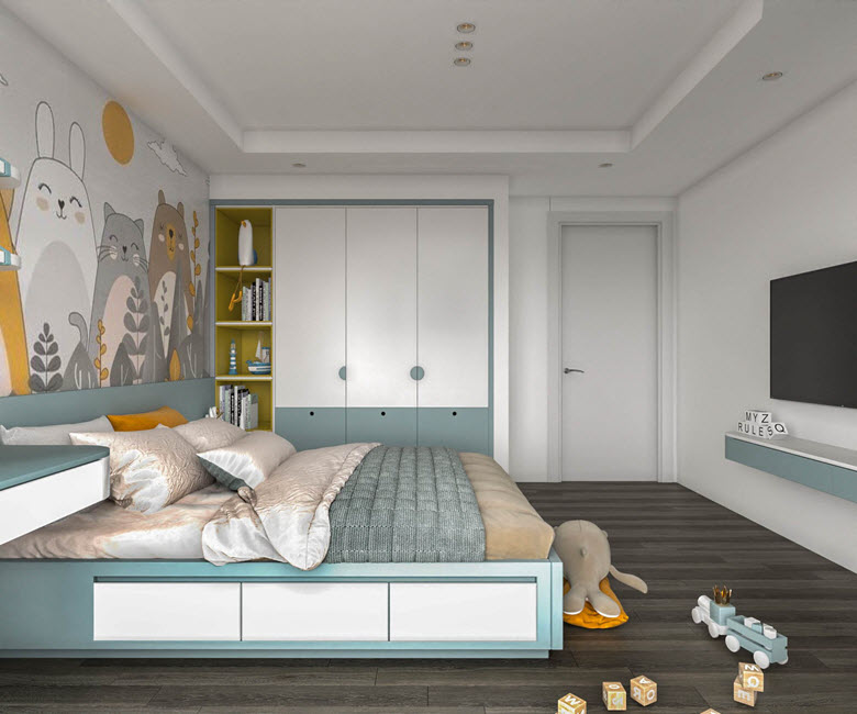 Bảng m&agrave;u phối kết trong ph&ograve;ng ngủ trẻ em đa dạng hơn, tươi s&aacute;ng hơn, ph&ugrave; hợp với độ tuổi của trẻ. C&aacute;c chi tiết trang tr&iacute; vừa đủ, kh&ocirc;ng qu&aacute; ph&ocirc; trương.