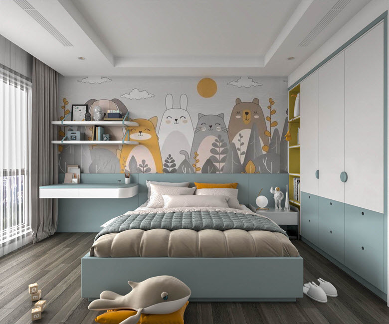 Ph&ograve;ng ngủ trẻ em lu&ocirc;n l&agrave; điểm nhấn sinh động của thiết kế nội thất căn hộ chung cư. Hẳn c&aacute;c b&eacute; sẽ m&ecirc; mệt với deocor xinh y&ecirc;u n&agrave;y.