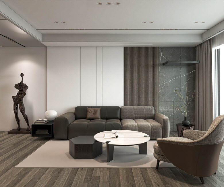 Ph&ograve;ng kh&aacute;ch căn hộ 110m2 t&ocirc;ng m&agrave;u x&aacute;m ghi thanh lịch