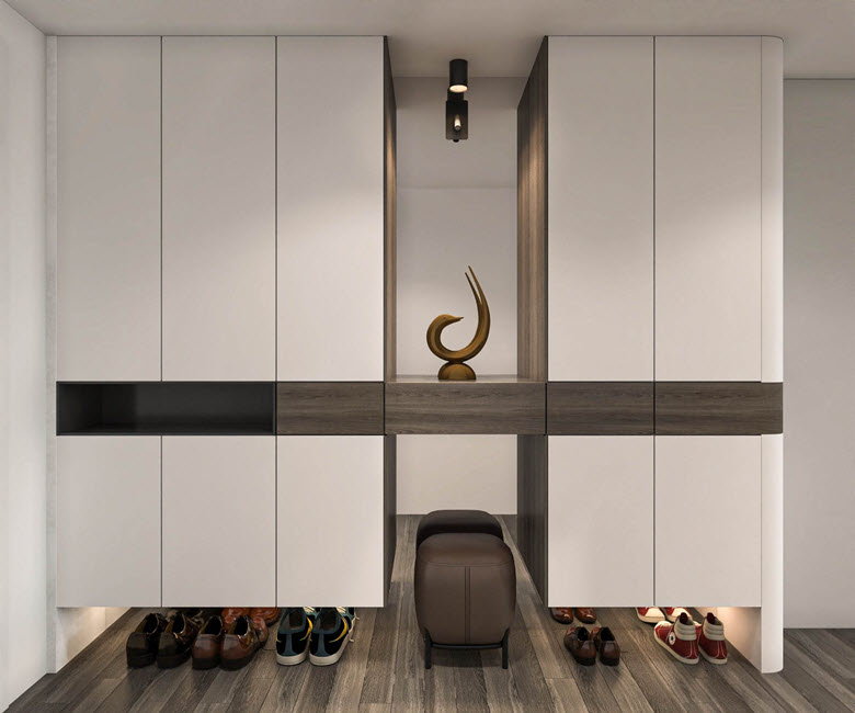 Khu vực lối v&agrave;o decor tối giản m&agrave; sang trọng với hệ tủ gi&agrave;y m&agrave;u trắng c&aacute;nh phẳng cao kịch trần cung cấp kh&ocirc;ng gian lưu trữ thoải m&aacute;i.