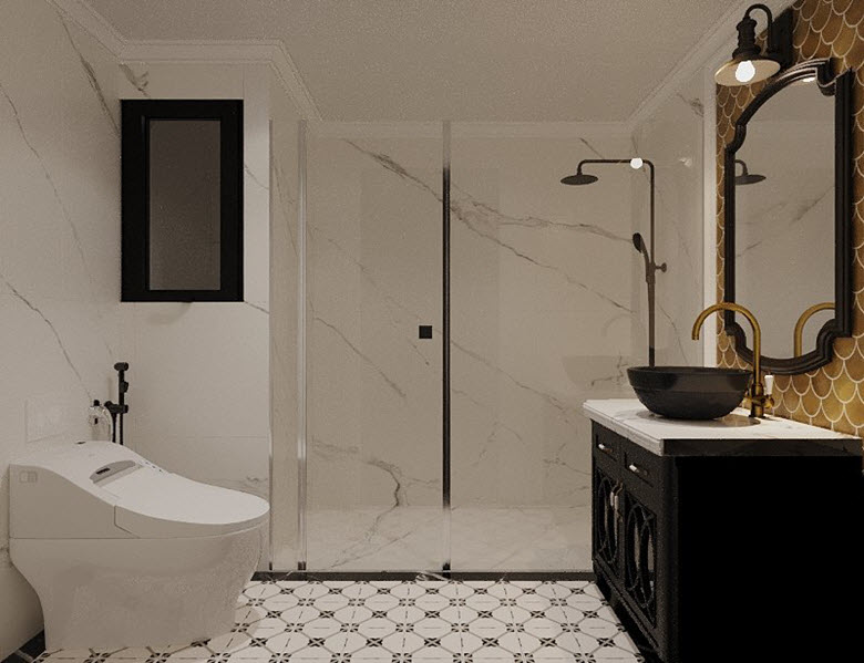 V&aacute;ch k&iacute;nh cường lực trong suốt ph&acirc;n t&aacute;ch giữa hai khu vực tăm - vệ sinh, đảm bảo sự kh&ocirc; tho&aacute;ng cho từng kh&ocirc;ng gian chức năng.