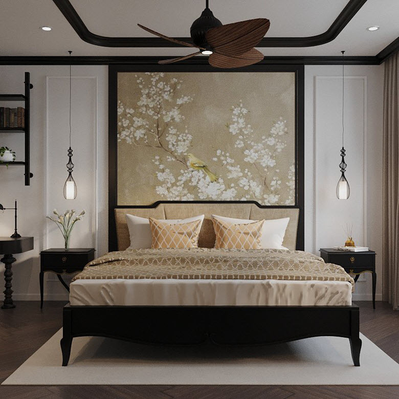 T&acirc;m điểm của ph&ograve;ng ngủ master l&agrave; bức tường đầu giường được trang tr&iacute; theo phong c&aacute;ch Indochine, họa tiết tinh tế, t&ocirc;ng m&agrave;u trang nh&atilde;.