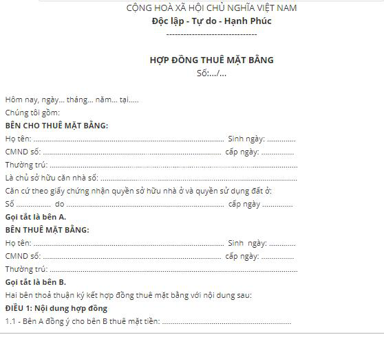 ảnh chụp một phần của hợp đồng thuê mặt bằng