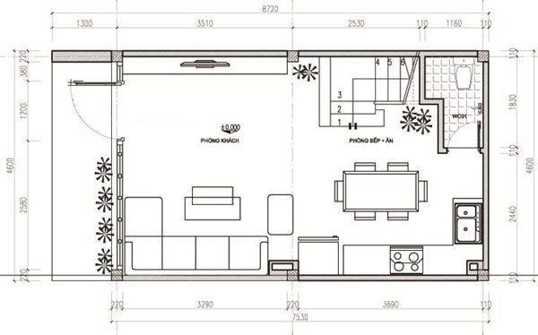 Mặt bằng tầng 1 nhà ống 3 tầng hiện đại