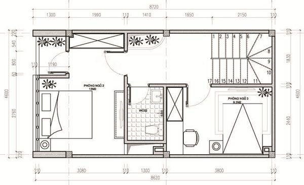 Mặt bằng tầng 2 nhà ống 3 tầng hiện đại