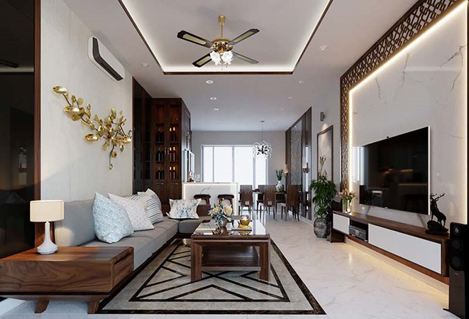 Phòng khách phối màu đậm nhạt với bộ sofa gỗ óc chó cao cấp.