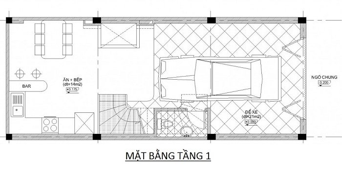 Mặt bằng công năng tầng 1 mẫu nhà ống 4 tầng