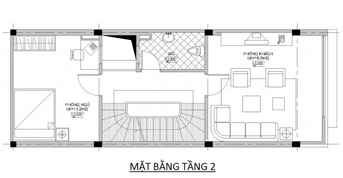 Mặt bằng công năng tầng 2 mẫu nhà ống 4 tầng