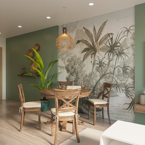 Sự mộc mạc của đồ gỗ mang phong cách Đông Dương được phối kết ăn ý với những mảng màu, họa tiết nổi bật trên tường.