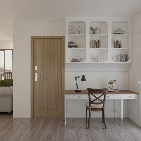 Khu vực +1 được bố trí không gian học tập và làm việc của con khá gọn gàng ngăn nắp. Vừa có chỗ vui chơi, vừa là không gian học tập tiện dụng.