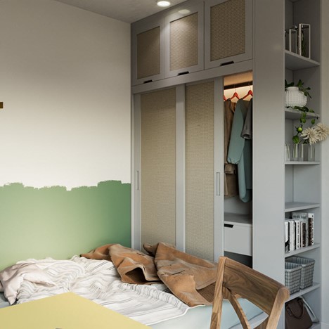 Phòng ngủ của con được bố trí với đầy đủ công năng. Hệ giường tủ liền khối, giúp tận dụng tối đa diện tích nơi đây.