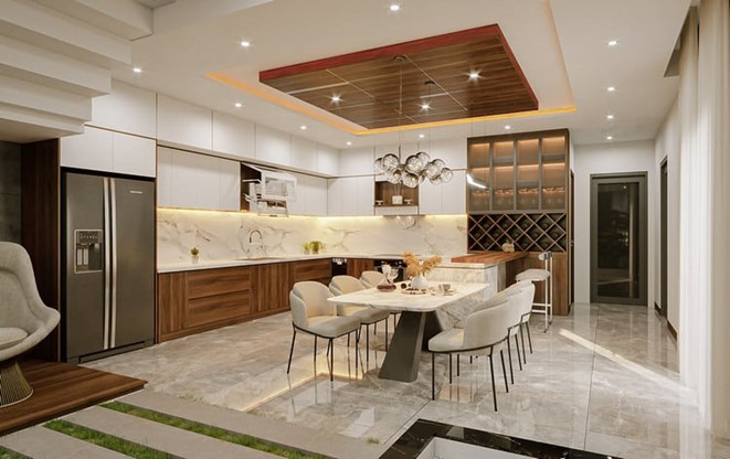 Phòng bếp rộng rãi với đầy đủ tiện nghi hiện đại. Đèn chùm là điểm nhấn hút mắt.