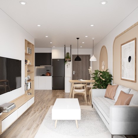 Tiếp đến là bàn ăn gỗ 4 ghế rất đáng yêu cùng với hệ sofa đơn bên cạnh. Tất cả đều liên thông trong một không gian vô cùng hợp lý.