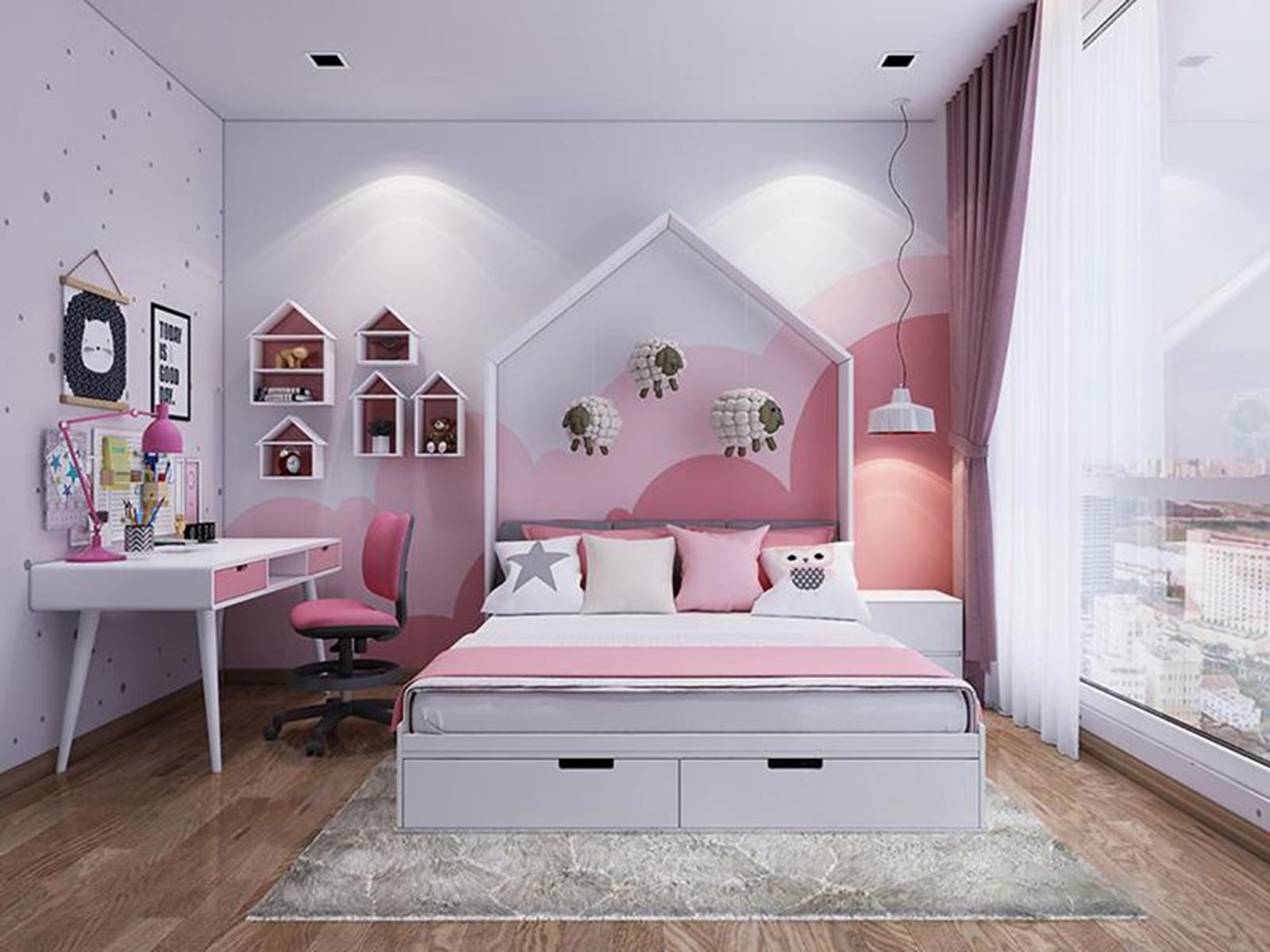 Bé gái thường thích những màu sắc nữ tính như hồng pastel và được trang trí lộng lẫy như căn phòng của công chúa.