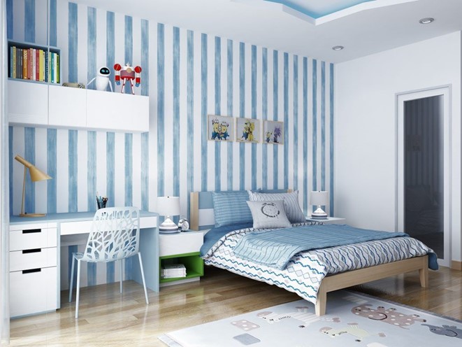 Sự kết hợp giữa hai gam màu xanh - trắng mang đến vẻ đẹp thanh lịch, tinh tế cho không gian riêng của cậu con trai út.