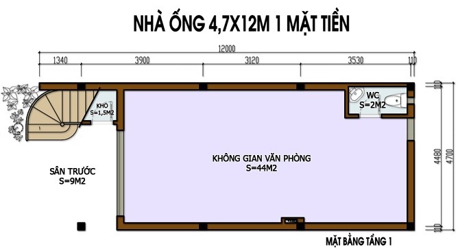 Mặt bằng c&ocirc;ng năng tầng 1 nh&agrave; ống
