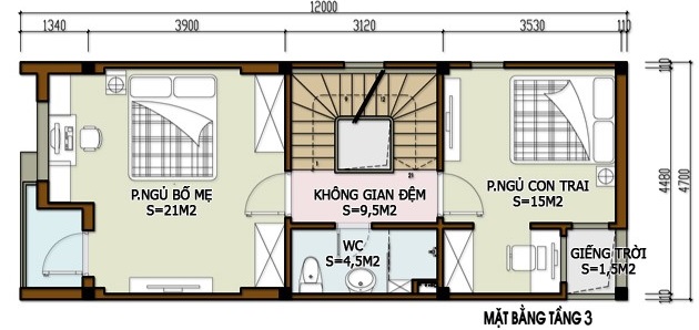 Mặt bằng c&ocirc;ng năng tầng 3 nh&agrave; ống
