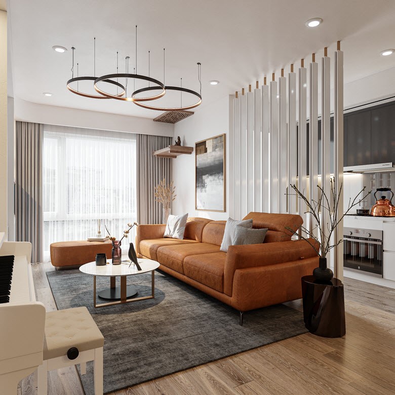 Căn hộ 3 ph&ograve;ng ngủ sử dụng hệ b&agrave;n thờ treo để vừa giữ được sự trang nghi&ecirc;m, vừa tạo ra kh&ocirc;ng gian rộng tho&aacute;ng cho căn hộ. 