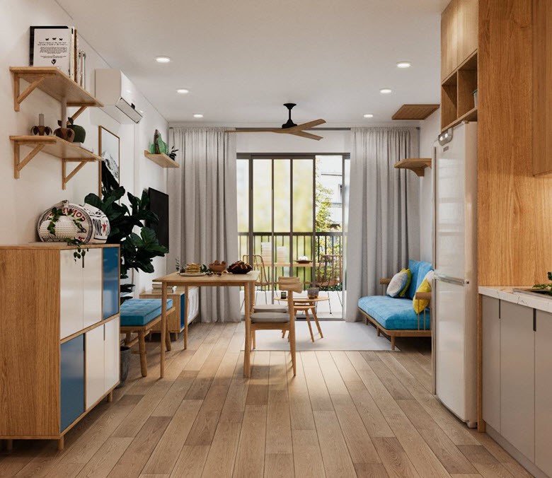 Kh&ocirc;ng gian ph&ograve;ng kh&aacute;ch ấn tượng với bộ sofa gỗ lộ khung bọc nỉ m&agrave;u xanh nổi bật. B&agrave;n tr&agrave; v&agrave; kệ tivi nhẹ nh&agrave;ng hiện đại. Điểm nhấn nh&aacute; đặc biệt trong kh&ocirc;ng gian kh&aacute;ch bếp n&agrave;y l&agrave; m&agrave;u xanh được phối kết h&agrave;i h&ograve;a.