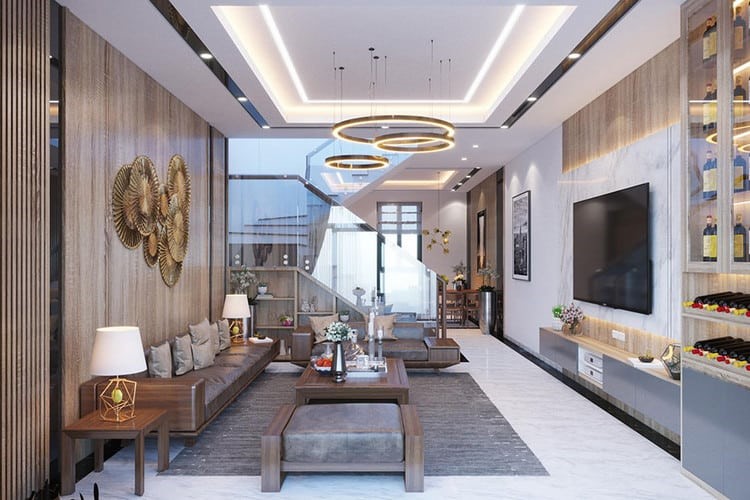 Ph&ograve;ng kh&aacute;ch đơn giản v&agrave; tiện nghi, sử dụng hệ thống đ&egrave;n &acirc;m trần hiện đại, tạo độ tho&aacute;ng đ&atilde;ng cho kh&ocirc;ng gian sinh hoạt chung.