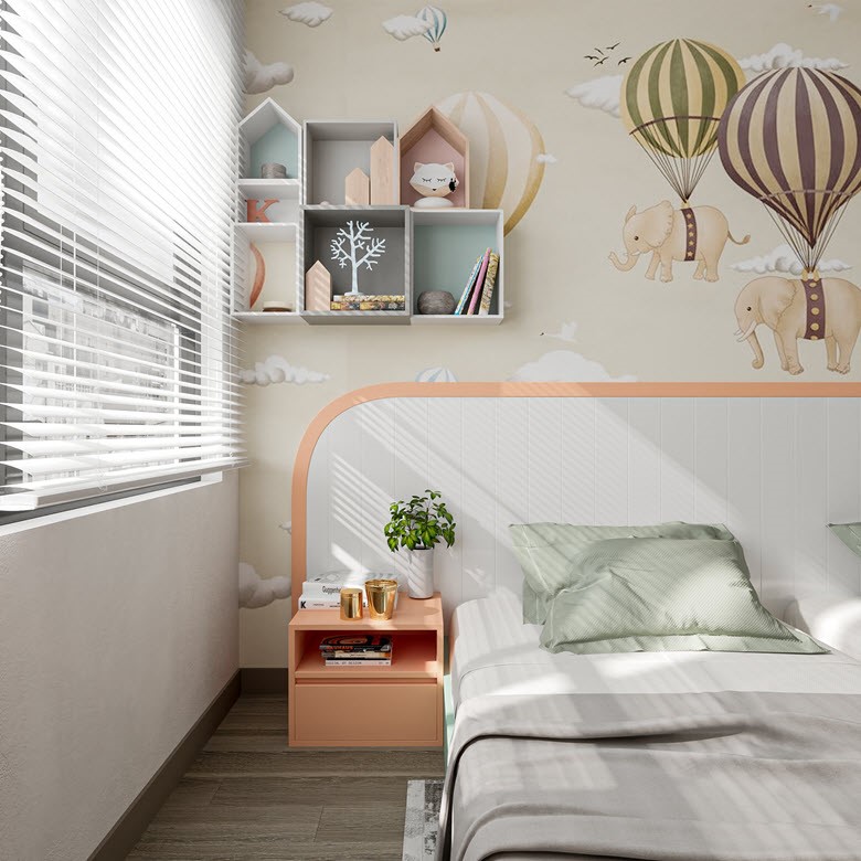 Bức tranh tường với c&aacute;c ch&uacute; voi được nhấc bổng bởi khinh kh&iacute; cầu gi&uacute;p tăng khả năng tưởng tượng của c&aacute;c em. 