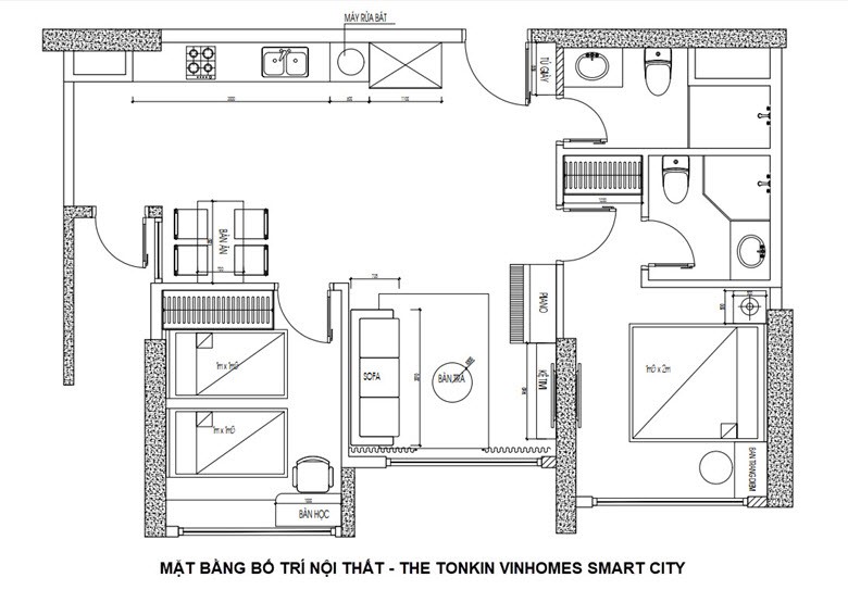 Mặt bằng bố tr&iacute; c&ocirc;ng năng căn hộ 2 ph&ograve;ng ngủ 54m2