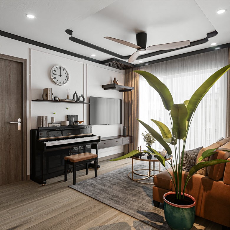 Với diện t&iacute;ch khi&ecirc;m tốn, gia chủ đ&atilde; tận dụng kh&ocirc;ng gian mặt trước để vừa k&ecirc; được tivi, đ&agrave;n piano v&agrave; b&agrave;n thờ treo m&agrave; vẫn rất gọn tho&aacute;ng.