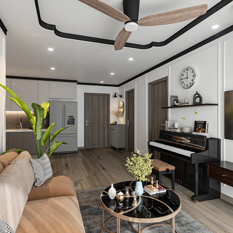 To&agrave;n bộ kh&ocirc;ng gian ph&ograve;ng kh&aacute;ch v&agrave; bếp nh&igrave;n từ khu vực sofa cảm gi&aacute;c rộng tho&aacute;ng, bố tr&iacute; v&ocirc; c&ugrave;ng hợp l&yacute;.