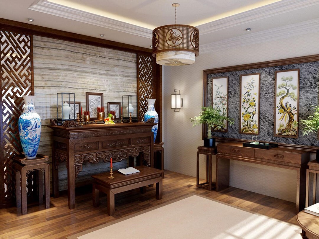 Phòng thờ sử dụng nội thất gỗ óc chó nổi bật trên nền trắng chủ đạo. Phòng thờ sử dụng nội thất gỗ óc chó nổi bật trên nền trắng chủ đạo.