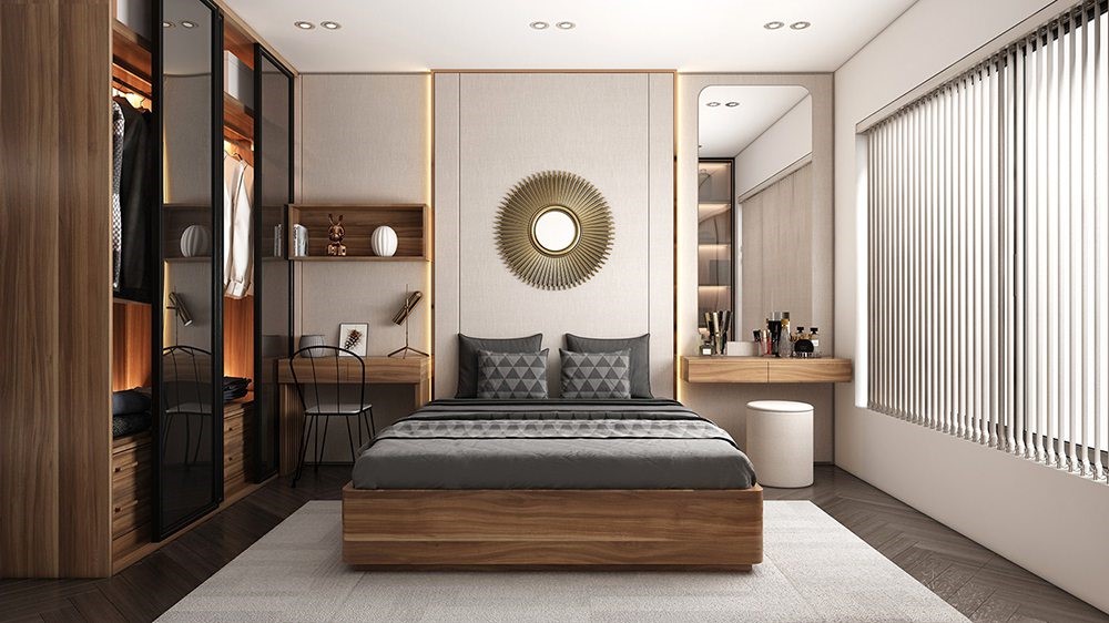 Phòng master được thiết kế có cửa sổ làm bằng tấm kính lớn đón sáng và tạo tầm view đẹp.