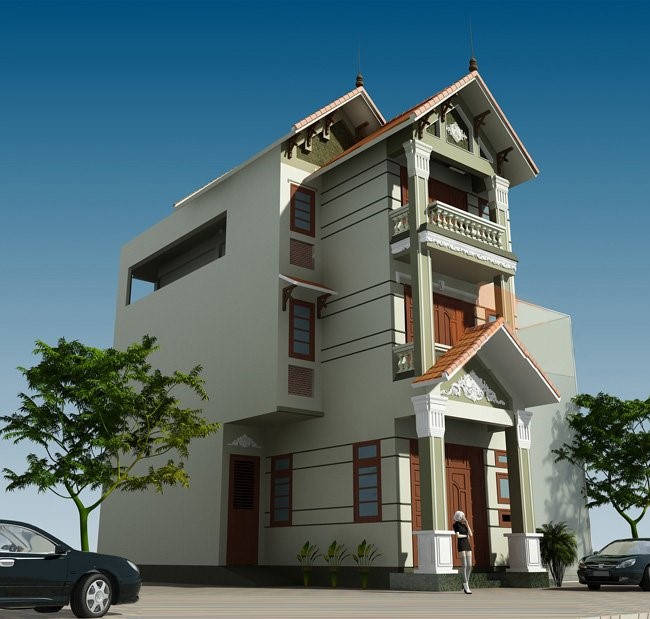 Phối cảnh mẫu nhà ống 3 tầng giả biệt thự