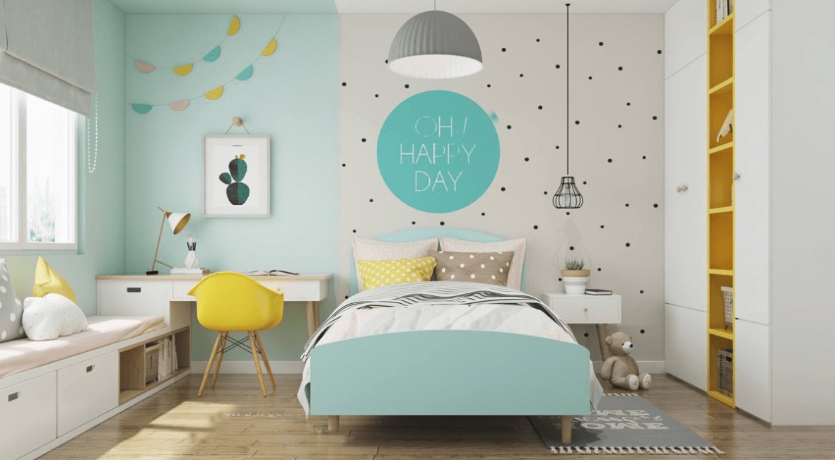 Phòng ngủ con gái được thiết kế với tông màu sáng phù hợp với không gian cho con trẻ nghỉ ngơi, thư giãn.
