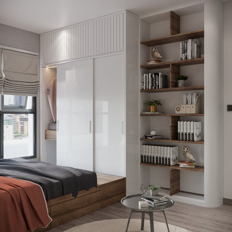 Giường được kết nối trực tiếp với hệ thống tủ quần &aacute;o v&agrave; tủ s&aacute;ch gi&uacute;p kh&ocirc;ng gian ph&ograve;ng ngủ trở n&ecirc;n gọn g&agrave;ng, ngăn nắp hơn.