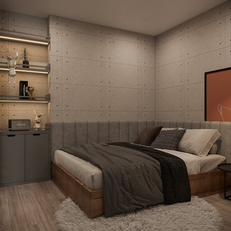Cạnh giường l&agrave; tủ đựng đồ, được trang tr&iacute; đồ decor nhỏ xinh với đ&egrave;n LED chạy quanh.