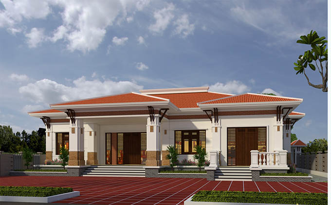 Phối cảnh mẫu biệt thự 1 tầng m&aacute;i Th&aacute;i