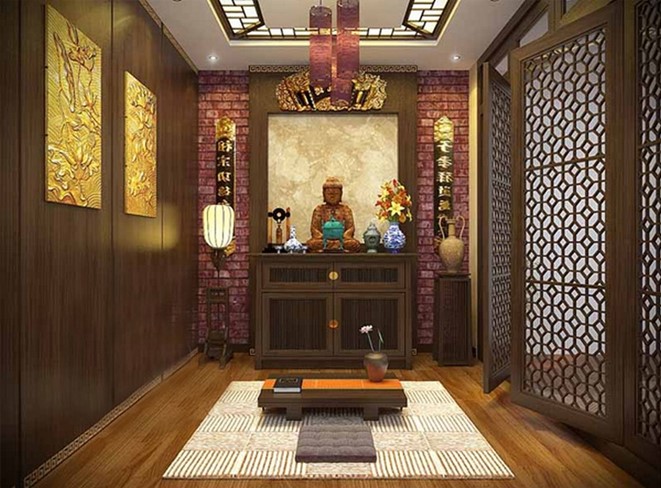 Kh&ocirc;ng gian ph&ograve;ng thờ được thiết kế trang nghi&ecirc;m với t&ocirc;ng m&agrave;u trầm ấm.