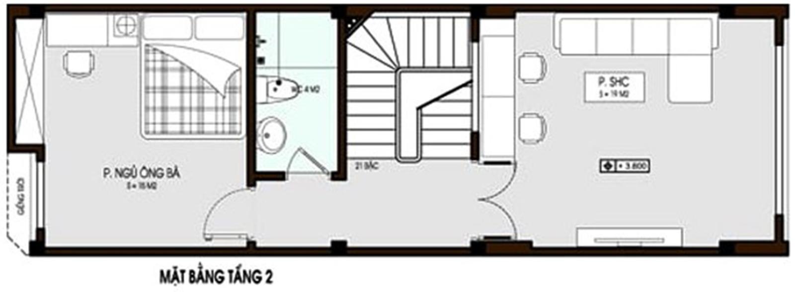 Mặt bằng công năng tầng 2 nhà ống