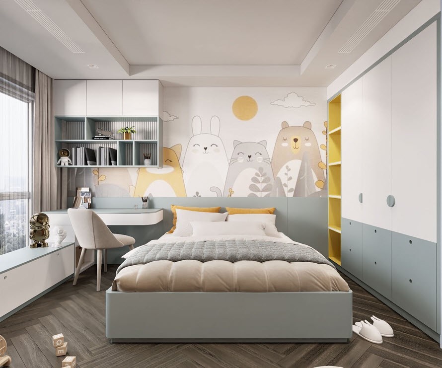 Không gian của con luôn ngập tràn màu sắc. Ấn tượng đầu tiên khi vào căn phòng này chính là bức tranh tường siêu dễ thương.