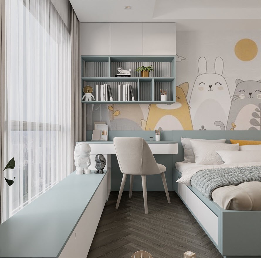 Kết hợp đồng bộ giữa giường ngủ, vách đầu giường và hệ thống bàn học cũng như ghế đọc sách tiện lợi.