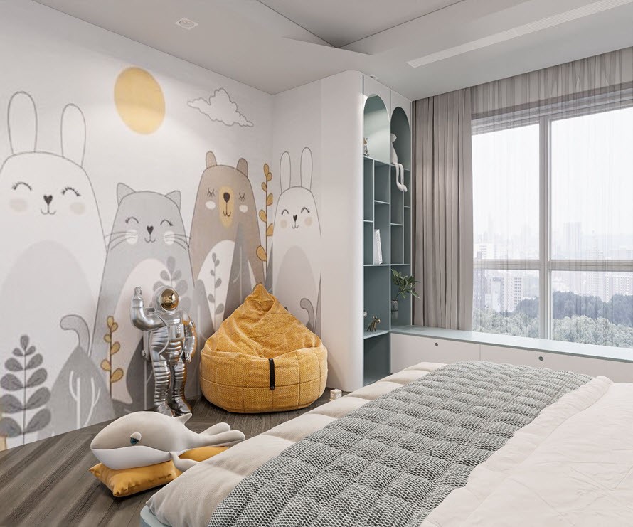 Chân giường không thể thiếu bức tranh với các nhân vật hoạt hình đáng yêu. Ngoài ra kết hợp thêm hệ tủ để đồ trang trí cho con.