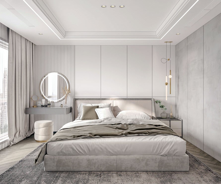 Ghi xám là màu chủ đạo trong không gian phòng ngủ master. Giường lớn bọc nỉ, bàn trang điểm nhỏ nhắn xinh yêu nằm e ấp bên cạnh đầu giường.