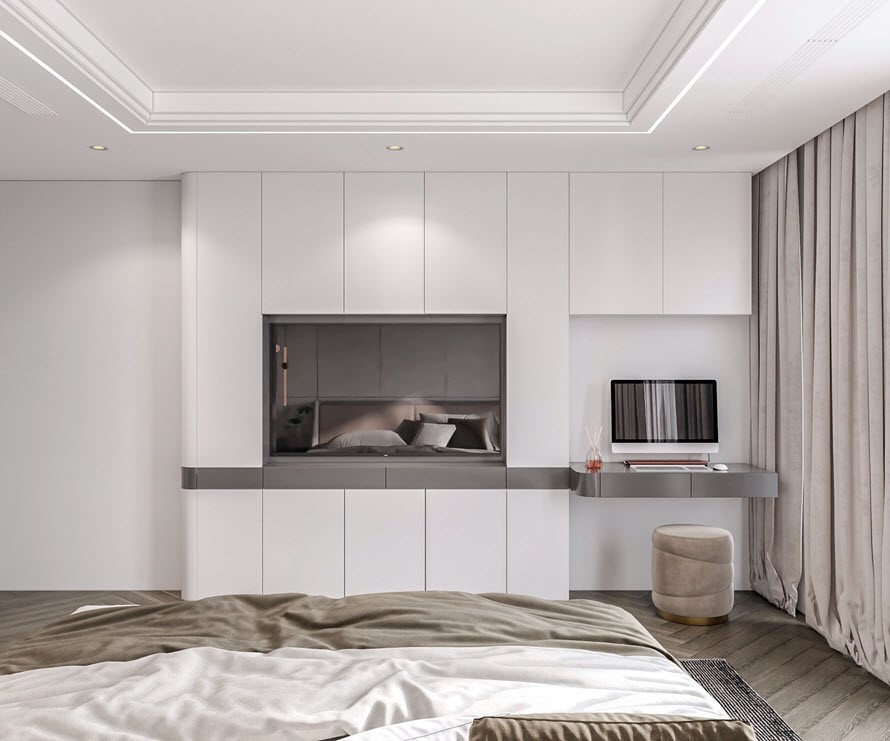 Đầu giường có sự ăn khớp giữa góc làm việc nhỏ xinh và tủ đề đồ.
