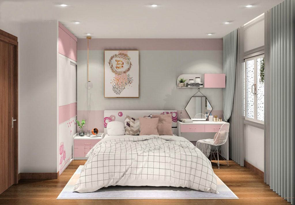 Ph&ograve;ng ngủ b&eacute; g&aacute;i được thiết kế m&agrave;u hồng nhạt kết hợp m&agrave;u trắng tạo kh&ocirc;ng gian nhẹ nh&agrave;ng, xinh y&ecirc;u ph&ugrave; hợp với độ tuổi của trẻ.