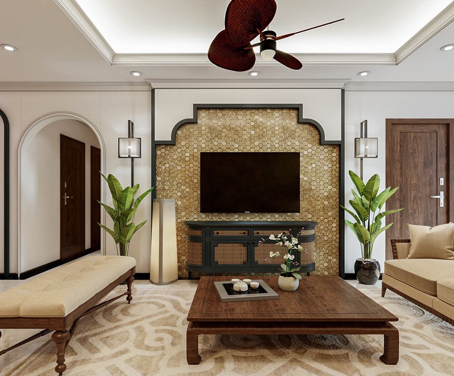 Khu vực xem tivi ấn tượng với vách được ốp kín bằng gạch mosaic.