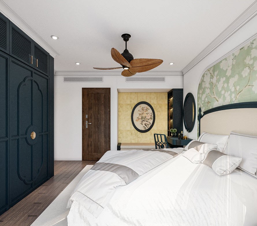 Lựa chọn phong cách nội thất Indochine, nhưng anh chị muốn chọn màu đồ gỗ tương hỗ với mệnh của mình. Nên đồng bộ trong phòng ngủ master là sắc xanh đậm của đồ nội thất.
