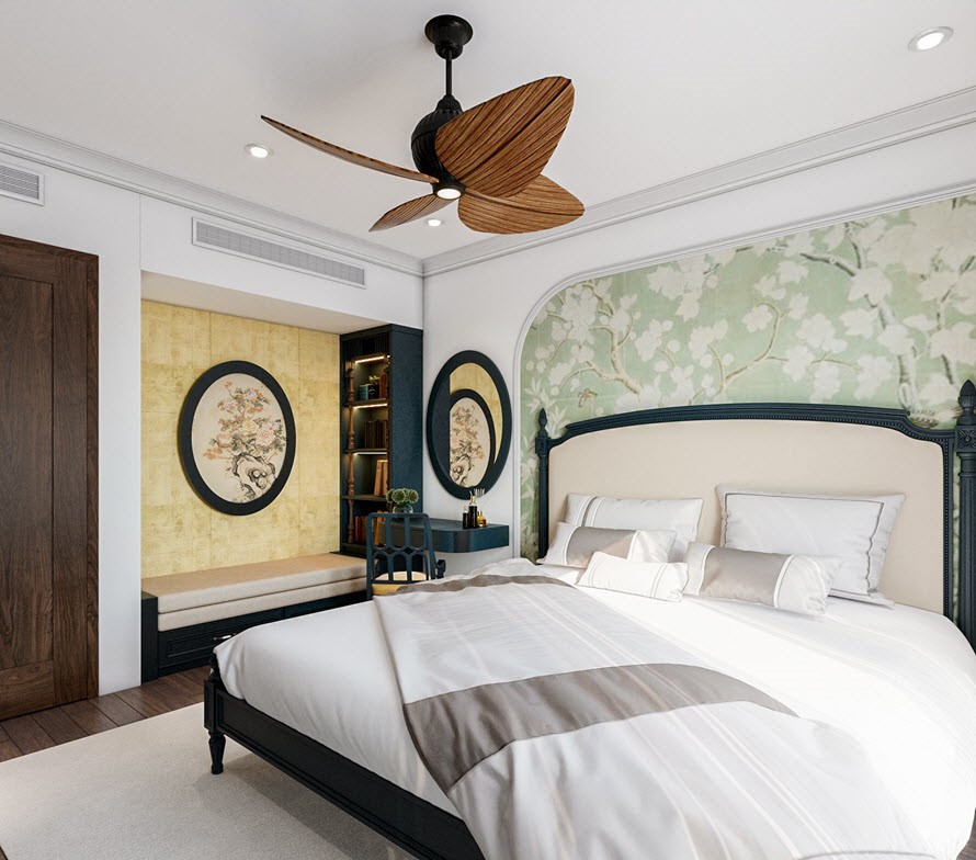 Khu vực bàn trang điểm nhỏ xinh, với điểm nhấn là hệ thống gương kép. Khu vực ghế nghỉ ngơi thư giãn, giúp gia chủ sẵn sàng nhâm nhi những cuốn sách hay.