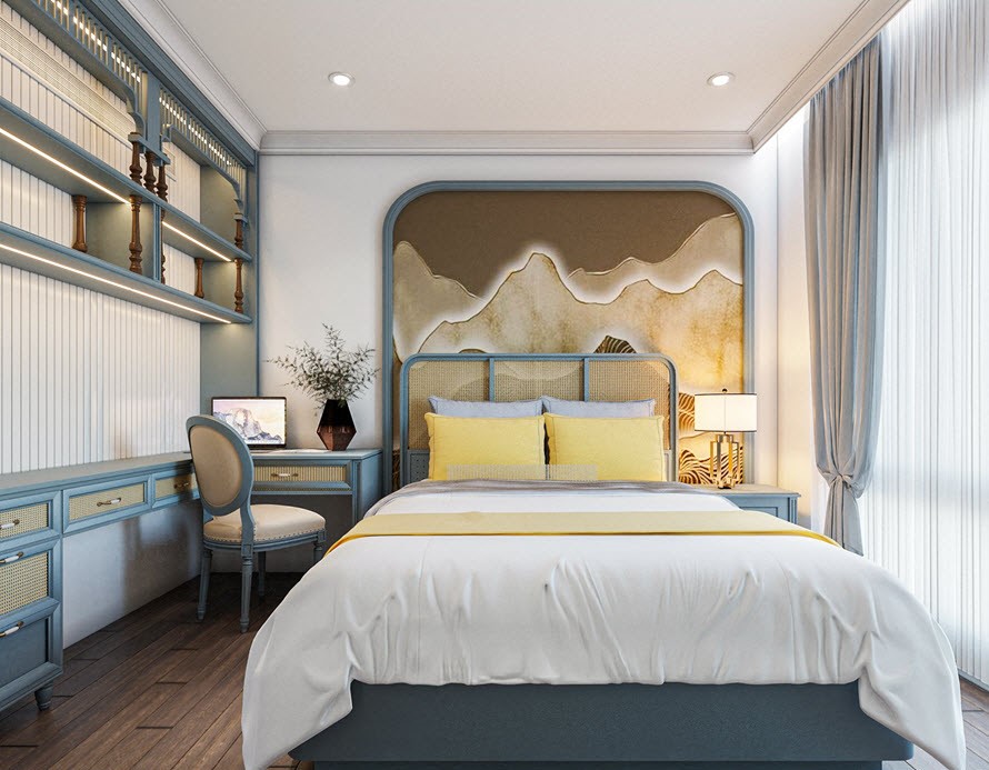 Bức tranh đầu giường ấn tượng với cảnh núi non hùng vĩ từng lớp từng lớp.