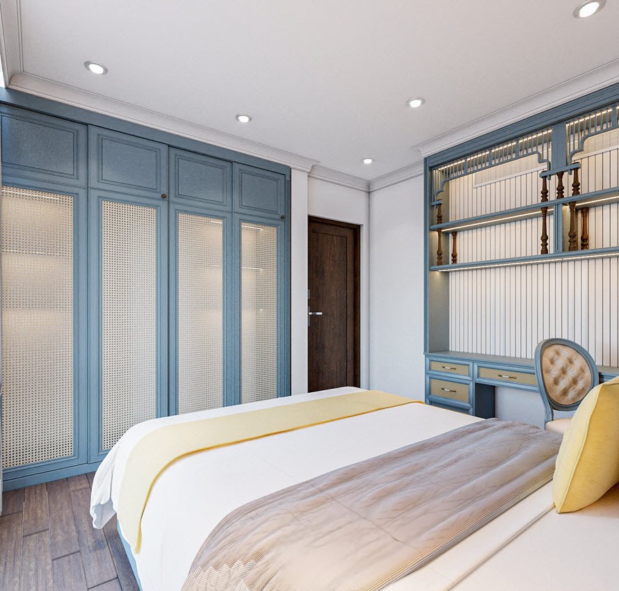 Hệ giường đồng bộ với tủ quần áo, tủ trang trí và bàn làm việc bên cạnh giúp không gian trở nên vô cùng sinh động.
